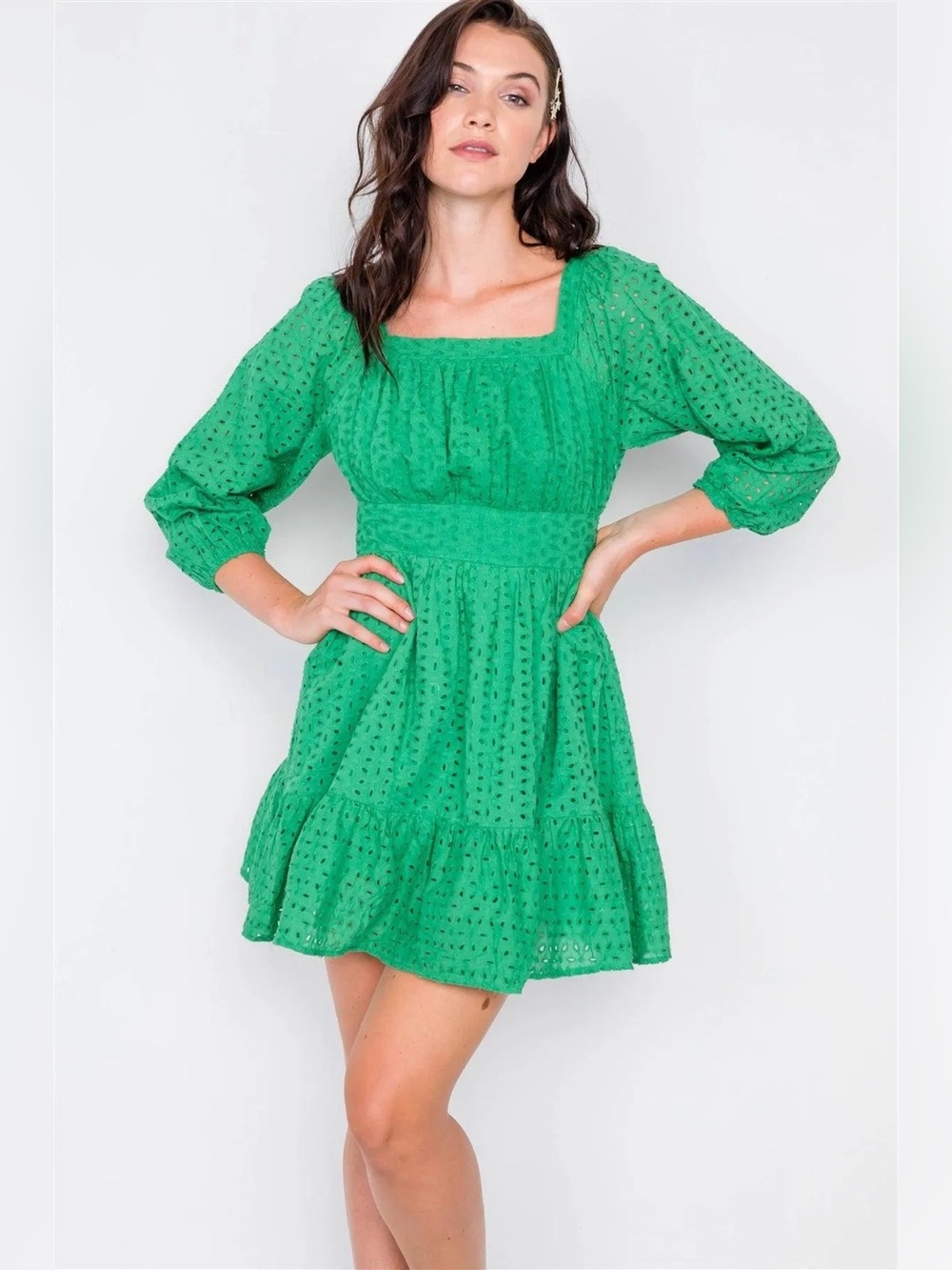 Hummingbird Kelly Green Lace Floral Eyelet Mini Frill Dress Size L